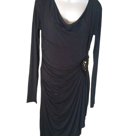 Bailey 44 black ruched wrap jersey knit long sleeve dress with jeweled accent M - Picture 4 of 10